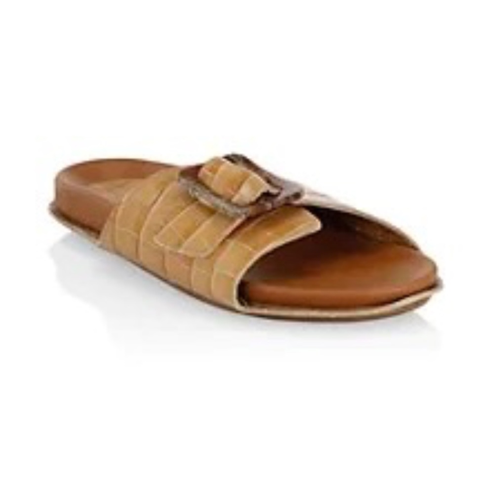 Definery Mule Footbed Croc-Embossed Leather Sandals, Tan